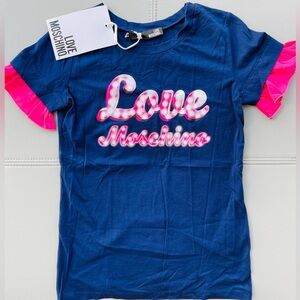 NWT 💕 Love Moschino Navy Blue & Pink Printed Cotton Ruffle Sleeve T-Shirt SZ 4